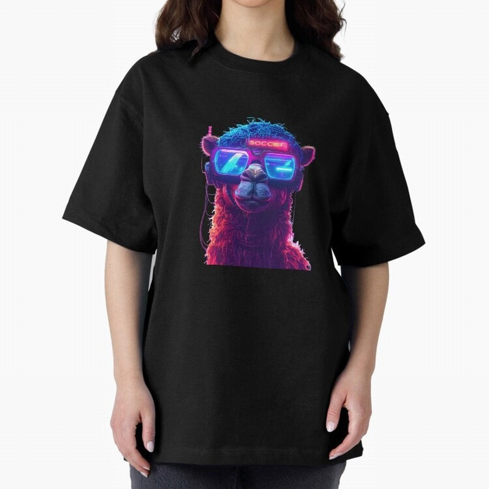 Cyberpunk Llama with Neon Soccer Vibes Oversized T-Shirt Support Global Football Passion for FIFA World Cup 2026, Celebrating Cristiano Ronaldo, Argentina, France and Brazil, Football History, Final Match Energy, Crowd Noise and Once in a Lifetime